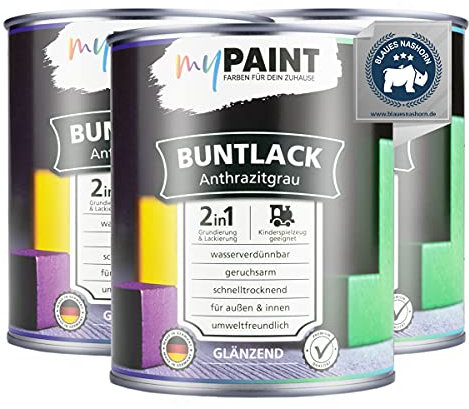 myPaint 2in1 Buntlack Glänzend (2,25L Anthrazitgrau/Dunkel Grau RAL 7016) – Wetterfeste Holzfarbe Holzlack Küchenmöbellack. Getrocknet auch für Kinderspielzeug. Für Innen & Außen