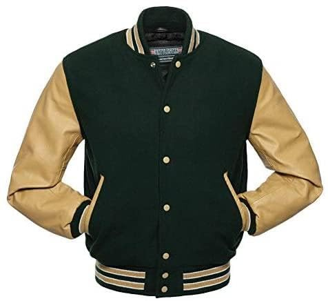 warrior gears Giacche college da uomo con corpo in lana e maniche in pelle, giacca college classica stile bomber retrò a righe, corpo in lana e maniche in pelle, Verde foresta e marrone chiaro - 3XL