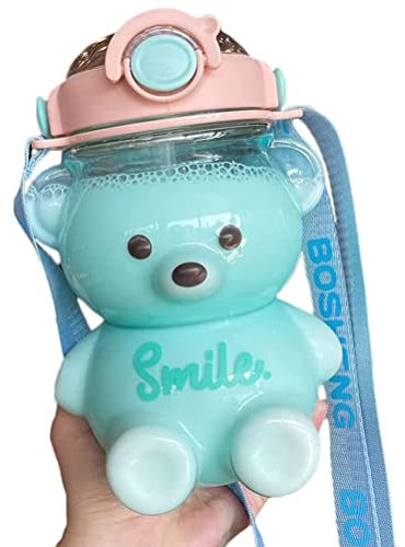 Akemaio Botella de agua con paja, diseño de oso Kawaii, portátil, con dibujos animados, botella de agua con pajita y anillo de transporte, correa ajustable para el hombro, reutilizable para niños