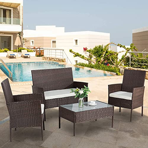 Lospitch Polyrattan Gartenmöbel Set, 7-teilige Balkonmöbel wetterfest, Lounge Set Braun inkl. Sitzpolster und Tisch, Terrassenmöbel für 4 Personen