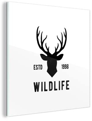 MuchoWow Glasbild Glasfoto Wandbild Bilder Deko 50x50 cm Hirsch - Logo - Schwarz - Weiß