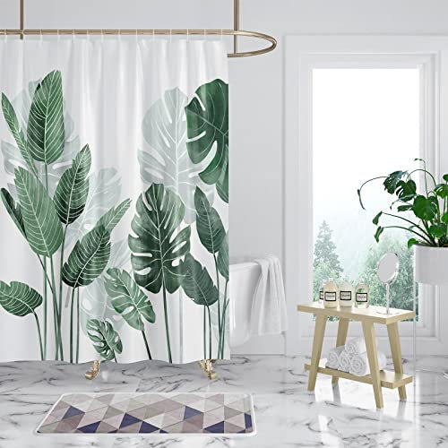 WONGS BEDDING Duschvorhang 120x180 Anti-Schimmel Shower Curtains grüne Blätter Pflanzen Wasserabweisend Badewanne Vorhang aus Polyester Waschbar Badvorhang mit 12 Duschvorhängeringen