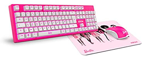 KROM Kit clavier, souris et tapis de souris Barbie KANDY - Clavier à membrane LED blanche, souris 6400 DPI, tapis de souris en caoutchouc souple et résistant, Clavier Français rose.