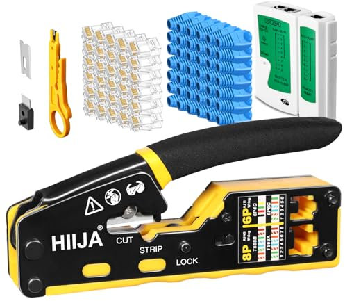 Hiija Pinza Crimpatrice RJ45 Passante per Connettori Ethernet Cat6, Cat5, Cat5e con Tester Cavi di Rete e 50 Connettori RJ45 e 50 Coperture RJ45