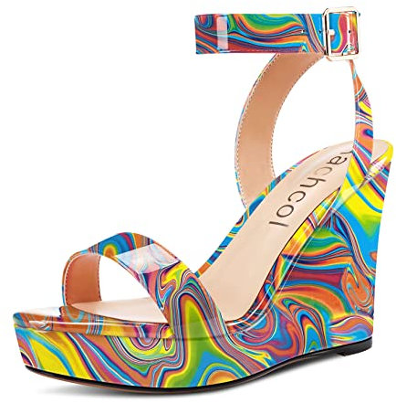 Aachcol Frauen Plateau Keilsandalen Rund Peep Open Toe Knöchelriemen Slingback Zweiteiliger Chunky Block High Heel Kleid Schuhe Pumps Party Lack 4 Zoll, Regenbogenfarben, 39 EU
