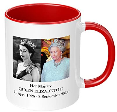 Print Maniacs Queen Elizabeth II Memorabilia Remembrance Mug Gift Merchandise Souvenir Keepsake RIP Commemorative Her Majesty 70 Years in Service Memory Then and Now (Red Fill)