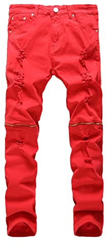 COOSVEN Men Ripped Jeans, Slim Fit Straight Leg, Denim Pants with Holes, Red With Zipper - Stretch, 34