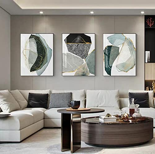 3er Poster Set Leinwandbilder Abstrakt Marmor Poster Set Grün und Gold Kunst Wandbild, Moderne Minimalistische Wand Wohnzimmer Decor Leinwand Ungerahmt (A+B+C,60 x90cm)
