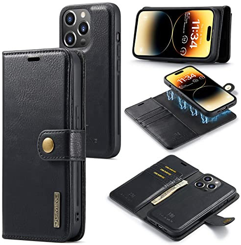 ZORSOME DG.MING for iPhone 14 Pro Max Genuine Leather Wallet Case, Detachable 2 in 1 Split Leather Wallet Phone Cover,Magnetic Pouch Shell,Black