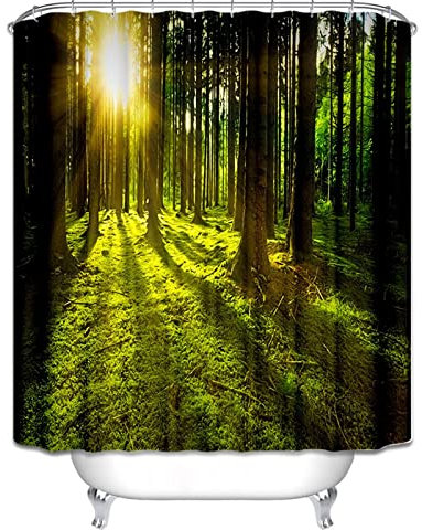 EHOMERY Duschvorhang Rundbogen Badewanne Vorhang Rollo Wald Sonnenaufgang Duschvorhang Textil Duschrollo Badewanne Ohne Bohren Polyester Rostfreie Ösen Und 12 Hakenringe, 160X180Cm