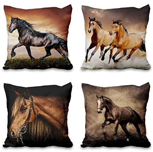 Aoihrraan 51x51cm 4er Set Dekorativ Pferdeherde Kissenbezug Realistisch Tiere Laufen Pferd Zierkissenbezug Quadratische Couchkissen Dekokissen Bauernhaus Sofa Bett Wohnzimmer Draussen Garten Couch