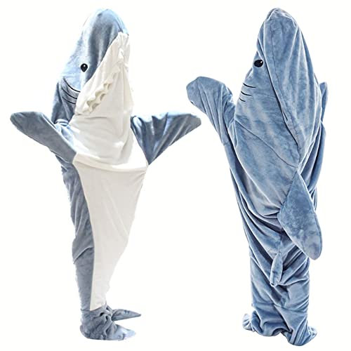 Decke Schlafsack Hai Für Kinder Und Erwachsene, Flauschige, Haifisch Schwanz, Graublau, Flosse Zähne Flanell, 5-Größen, Familienschlafsack, 100cm-210cm (190x90cm)