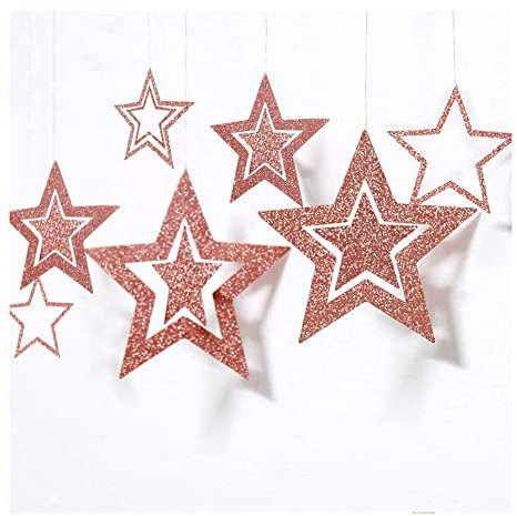 Yurosiay Glitzer Sterne zum Aufhängen 7er Set Aushöhlen Glitzernder Papiersterne Deko Groß Hängedeko Stern Weihnachtsdeko Stern Sterne Aufhängen für Hochzeit Party Christbaum Deko Roségold