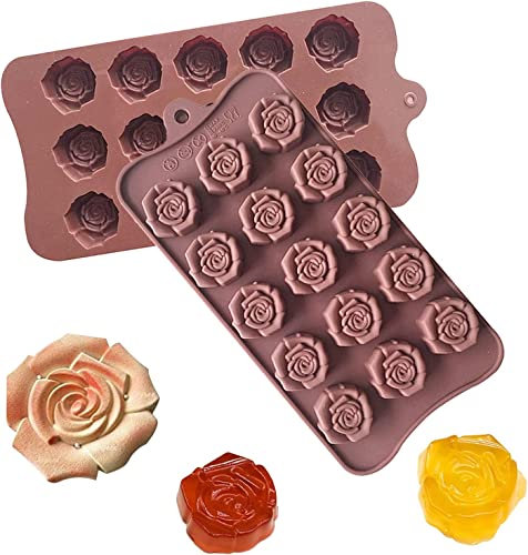 BAMUTU Rose Shaped Silicone Chocolate Mould 2PCS 15 Cavity Flower Valentines Sweet Candy Mould Ice Cube Tray Jelly Gummy Baking Moulds
