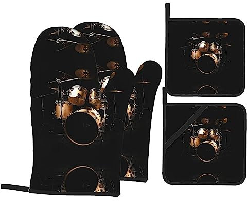 Cool Drum Set Ofenhandschuhe und Topflappen Sets von 4 hitzebeständigen wasserdichten Küchenhandschuhe und Topflappen zum Kochen Backen Grillen