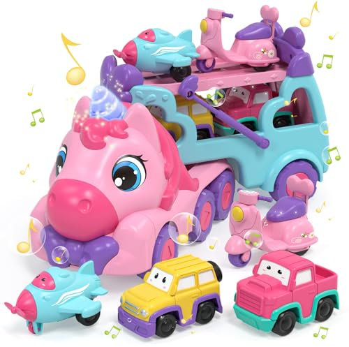 Lehoo Castle Spielzeug ab 2 Jahre Mädchen, LKW Auto Spielzeug für Kinder, Einhorn Geschenke für Mädchen, Kinderspielzeug ab 2 Jahre mit Licht und Musik