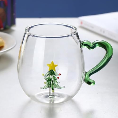 Tazza da Caffè di Natale in Vetro - Per Tè e Latte Con Albero 3D e Motivo Pupazzi di Neve - Sicura per Microonde e Lavastoviglie