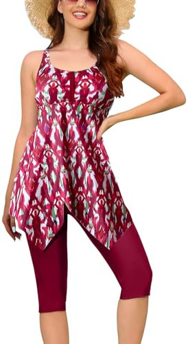 Ecupper Damen Tankini Set Badekleid Blumen Muster Badeanzug mit Shorts Swimsuit Übergröße Rot XL