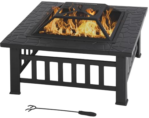 Fire Pit Table Square Metal Firepit Stove Backyard Patio Garden Stove Fireplace Mesh Cover Poker for Camping, Outdoor Heating, Bonfire and Picnic,32in