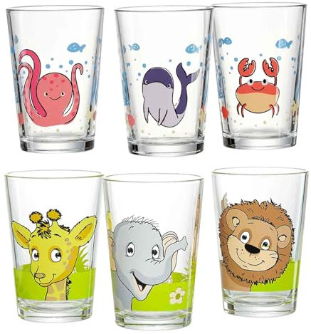 Ritzenhoff & Breker Juego de 6 vasos infantiles con diseño de animales submarinos y del bosque, 205 ml, aptos para lavavajillas