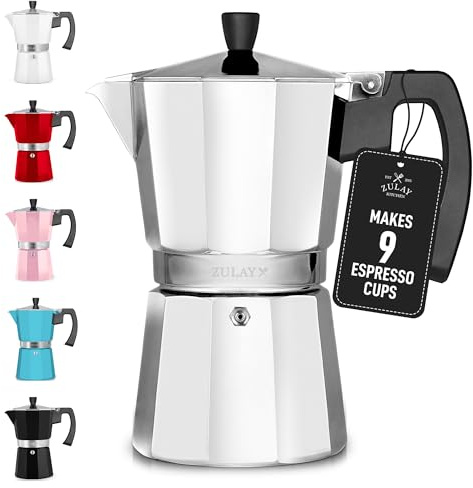 Zulay Kitchen Cafetière à expresso pour cuisinière – Cafetière à moka 9 tasses – Percolateur pour expresso classique de style cubain et italien – Cafetière portable pour camping et voyage – Argenté