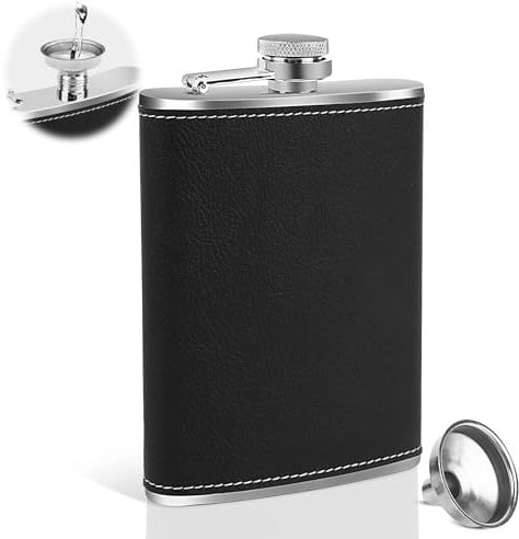 VFANDV Flasque de Whisky, 8 oz Flasque en Acier Inoxydable Noir Portable Cuir Flasques avec Entonnoir, pour Randonnée, Voyage, Pêche, Camping et Escalade