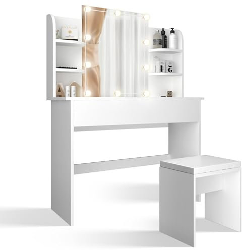 MIADOMODO® Schminktisch mit Beleuchtung - mit Spiegel, Hocker, Schublade, USB, LED, Dimmbar, Edel, Platzsparend, Weiß - Vanity Table, Kosmetiktisch, Make Up Tisch, Frisiertisch