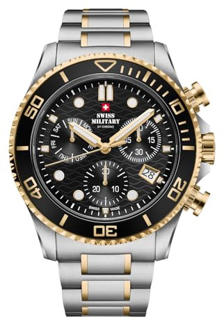 Swiss Military by Chrono Herren Uhr Chronograph Quarzwerk mit Edelstahl Metallarmband Analoge Herrenuhr Armbanduhr Silber Gold SM34101.03