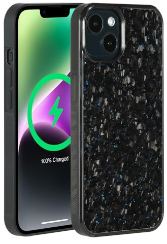 Molzar Grip Series for iPhone 14 Case with Real Forged Carbon Fiber, Grippy Edges Design, Built-in Magnets, Compatible with MagSafe Chargers and Accessories, Glossy Black/Blue