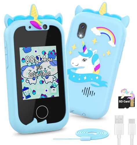 Ashfly 2.4“ Einhorn Kinder Kamera, 1080P HD Dual Kamera Kinder Handy Spielzeug aufnehmbar Video, Kids Smartphone Spielzeug mit SD Karte, Pretend Smartphone für 3-10 Jahre Mädchen Jungen