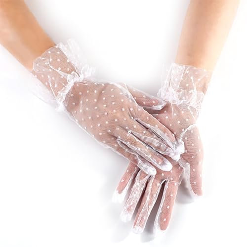 yeeplant Atmungsaktive Vintage-Handschuhe, Retro, klassisch, kurz, volle Finger, Brauthandschuhe, gepunktet, modische Hochzeitshandschuhe, waschbar, Weiß und Schwarz, One size