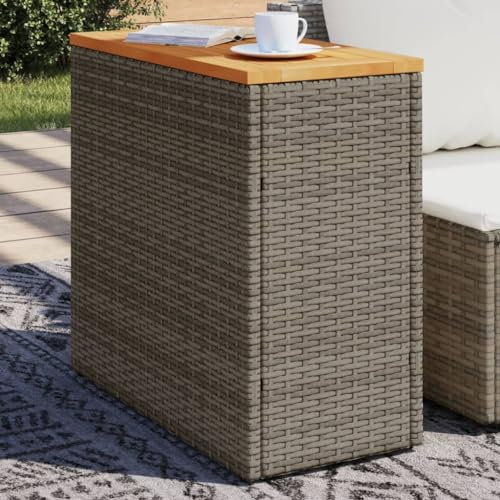 LAPOOH Garten-Beistelltisch mit Holzplatte Grau 58x27,5x55 cm Rattan, Gartentisch, Terrassentisch, Esstisch Garten, Balkontisch, Gartenesstisch, Gartenmöbel, Partytisch - 366134