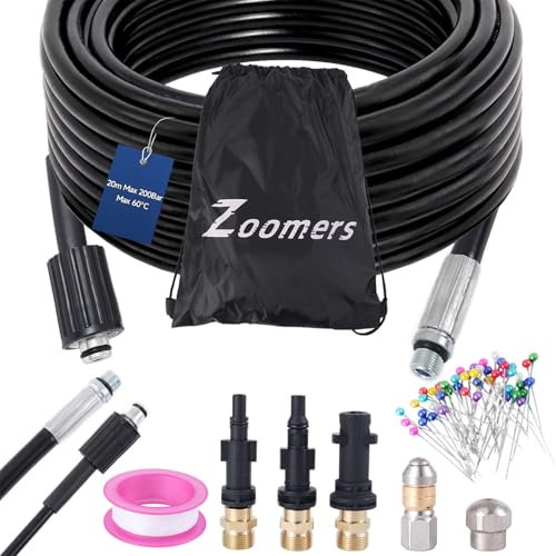 Zoomers Kit di Sonda Sturatubi per Idropulitrice: Tubo Idropulitrice Sonda Sturatubi 20m 200bar 60°C,Adattatori per K2-K7 Kärcher Bosch Lavor Pistola, 2 Ugelli G1/8 per la Pulizia delle Tubature.