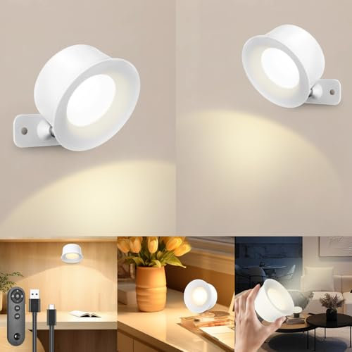 Yulado Led Wandleuchte Kabellos 2 Stück Mit Fernbedienung, Wandbeleuchtung Leselampe Usb-Anschluss, 3 Beleuchtungstemperaturen, 360° Drehung, Kabellose Leuchten Für Schlafzimmer Und Nachttisch, Weiß