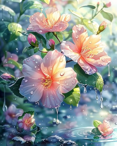 TISHIRON Rosa Blumen Malen nach Zahlen Erwachsene, Blumen im Wasser Malen nach Zahlen, Malen nach Zahlen de Pinsel und Acrylfarbe, 16X20 Inch Flammen Blumen Malen nach Zahlen Erwachsene Familie