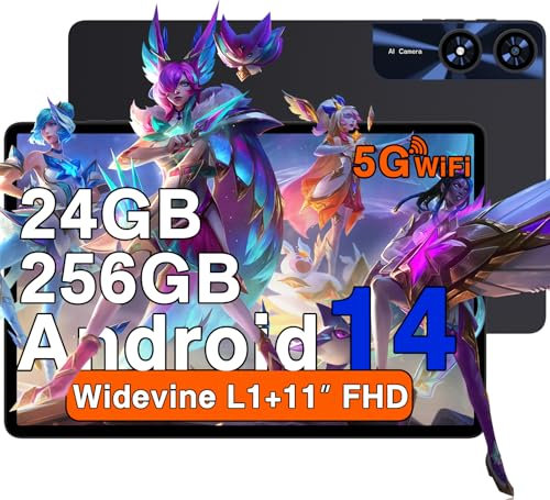 Tablet 11 Pulgadas Android 14 24GB RAM 256GB ROM (1TB TF), Octa-Core 2.0 GHz, Widevine L1, 5G WiFi, Bluetooth 5.0, 8000mAh, 5MP + 13MP, 1280 * 800, Facial ID, Tipo C, AGPS, Tablet con Funda - Black