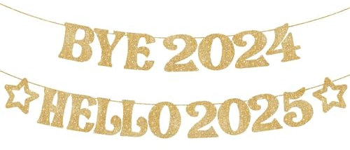 Happy New Year Girlande Gold, Glitzer Silvester Deko 2025 Banner, Bye 2024 Hello 2025, Neujahr Girlanden für Dekoration, Party Zubehör