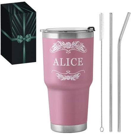 Maverton Mug Isotherme Personnalisable Rose en Acier Inoxydable 800 ml - Gobelet Isotherme avec Paille et Boîte Cadeau - avec brosse de nettoyage - Cadeau Femme Anniversaire Prénom