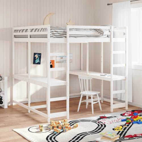 AJJHUUKI Outdoor Möbel Hochbett mit Schreibtisch und Leiter Weiß 140x200 cm Massivholz Kiefer Möbel