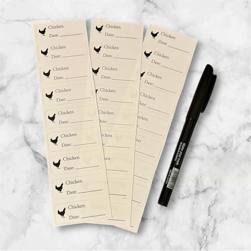 Labels by Shak. Chicken Food Labels. Great for Meal prep and Batch Cooking. Freezer Safe, Oil Resistant and Recyclable. 20 in a Pack and a Pen is Included. Size 45mm x 17mm (Extra Sticky)