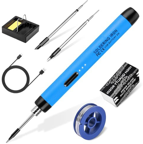 Cordless Soldering Iron Kit, USB Soldering Iron with 3 Temperature Adjustable 300℃-450℃, 3 Soldering Tips, Mini Stand, Solder Wire, Solder Paste, Solder Iron Set for Welding Repair - Blue