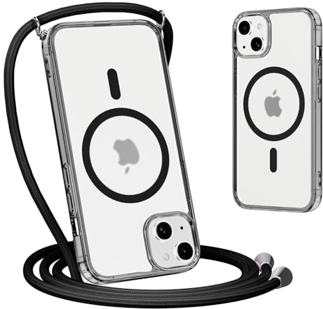 Yoedge Magnética Funda con Cuerda para iPhone 14 Plus 6,7, Compatible con MagSafe, Carcasa Mate Translúcida Delgada Silicona Anti-Choque Protector Case con Ajustable Correa Colgante, Negro