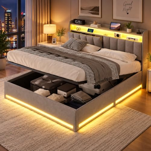 WOBOPCG Polsterbett Doppelbett 160x200 cm,Hydraulisch Stauraumbett LED Doppelbett Mit Ladeportfunktion Funktionsbett Nachttisch mit Ladefunktion Bett mit stauraum boxspringbett (Grau+Samt, 160x200)