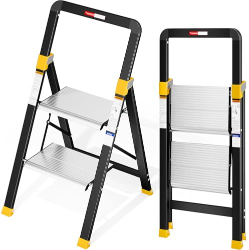 KINGRACK Trittleiter 2 Stufen Klappbar Aluminium, Klappleiter mit Handlauf, Haushaltsleiter Anti-Rutsch-Stabilem und Breitem Peda, Leiter bis 150kg Belastbar für Haushalt, Küche, Büro
