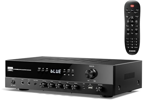Donner Ricevitori Stereo, Amplificatore Audio a 5.1 Canali con Bluetooth 5.3, Ottico/Coassiale, USB, FM, 2 Ingressi Microfono, ECO, RCA, per Altoparlanti Domestici, Karaoke, Cinema, MAMP4