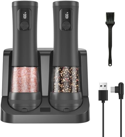 Elektrisches Salz und Pfeffermühlen,2 Teiliges Set Automatischer (Schwarz) | mit Wiederaufladbarer Basis, 5 Einstellbaren, Display, LED,Küche Geschenk