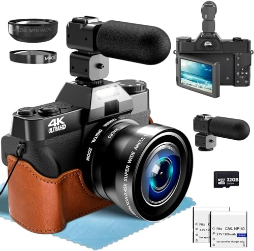 4k Macchina Fotografica Digitale, 52mm grandangolare e obiettivo macro，56MP Vlogging Camera per YouTube con Schermo Flip 180°, 18X Zoom digitale, 2 batterie, 64GB SD Card