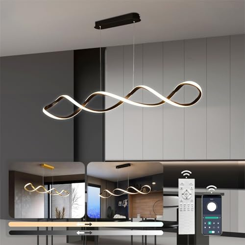Kreative spiralförmige LED Pendelleuchte Decke Esstisch Kücheninsel Hängeleuchte Esszimmerlampe dimmbar mit Fernbedienung moderner Kronleuchter für Büro Küche Arbeitszimmer (Schwarzes, L120cm)