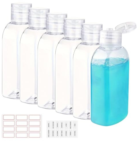Plomveriq 6Pcs Travel Bottles for Toiletries with Labels, 100ml Reusable Leakproof Travel Size Containers with Flip Cap, Portable Clear Bottles for Toiletries, Soap, Shampoo, and Conditioner