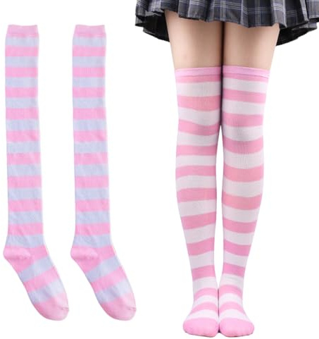 COYUN 1 Paires Chaussettes Hautes Rayées, Chaussettes longues en tricot, Femme Chaussette Haute Bas à Rayures Au-Dessus Du Genou pour Fête d'Halloween, Carnaval, Cosplay, costume, Rose et blanc